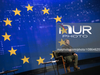 President Volodymyr Zelenskiy of Ukraine is answering questions from journalists during a large summary press conference in Kyiv, Ukraine, o...