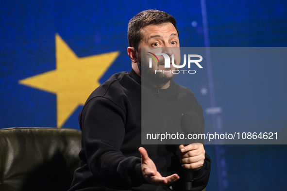 President Volodymyr Zelenskiy of Ukraine is answering questions from journalists during a large summary press conference in Kyiv, Ukraine, o...