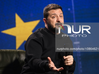 President Volodymyr Zelenskiy of Ukraine is answering questions from journalists during a large summary press conference in Kyiv, Ukraine, o...