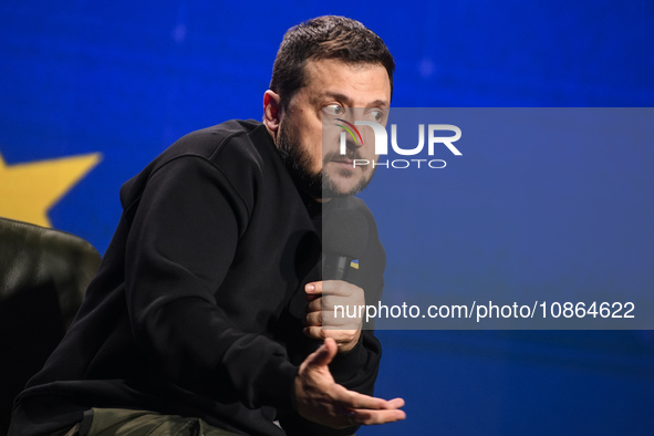 President Volodymyr Zelenskiy of Ukraine is answering questions from journalists during a large summary press conference in Kyiv, Ukraine, o...