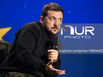 President Volodymyr Zelenskiy of Ukraine is answering questions from journalists during a large summary press conference in Kyiv, Ukraine, o...