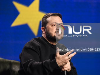 President Volodymyr Zelenskiy of Ukraine is answering questions from journalists during a large summary press conference in Kyiv, Ukraine, o...