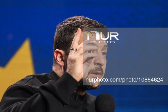 President Volodymyr Zelenskiy of Ukraine is answering questions from journalists during a large summary press conference in Kyiv, Ukraine, o...