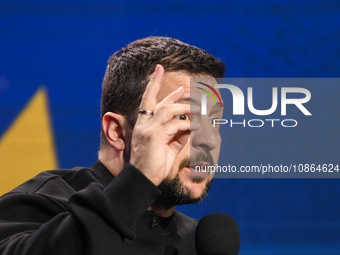 President Volodymyr Zelenskiy of Ukraine is answering questions from journalists during a large summary press conference in Kyiv, Ukraine, o...