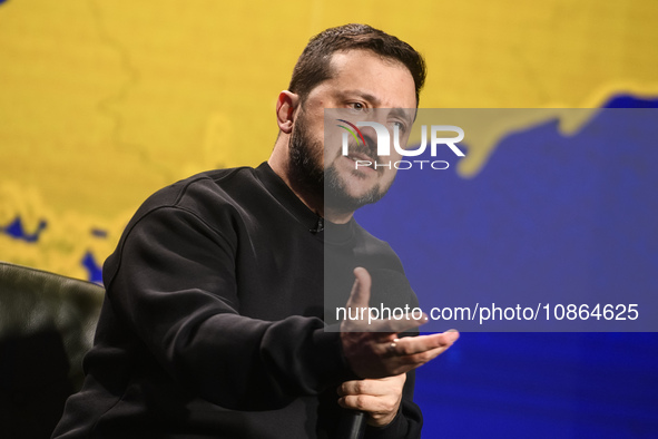 President Volodymyr Zelenskiy of Ukraine is answering questions from journalists during a large summary press conference in Kyiv, Ukraine, o...