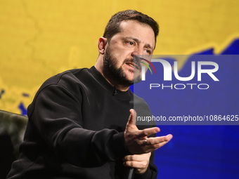 President Volodymyr Zelenskiy of Ukraine is answering questions from journalists during a large summary press conference in Kyiv, Ukraine, o...