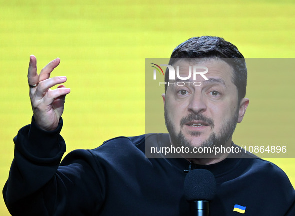 Ukrainian President Volodymyr Zelensky is speaking during his year-end press conference in Kyiv, Ukraine, on December 19, 2023, amid Russia'...