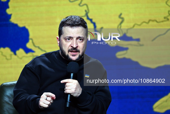 Ukrainian President Volodymyr Zelensky is speaking during his year-end press conference in Kyiv, Ukraine, on December 19, 2023, amid Russia'...