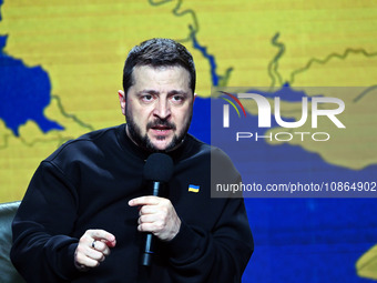 Ukrainian President Volodymyr Zelensky is speaking during his year-end press conference in Kyiv, Ukraine, on December 19, 2023, amid Russia'...