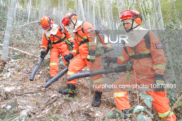 Forest firefighters are conducting a fire prevention and emergency response drill in Dayao village, Moganshan town, Huzhou city, Zhejiang pr...