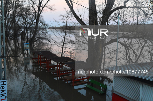 A restaurant is submerged on the bank of the Danube as a wave of floods is expected on the river, in Budapest, Hungary, on December 28, 2023...