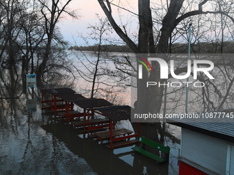 A restaurant is submerged on the bank of the Danube as a wave of floods is expected on the river, in Budapest, Hungary, on December 28, 2023...