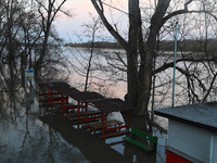 A restaurant is submerged on the bank of the Danube as a wave of floods is expected on the river, in Budapest, Hungary, on December 28, 2023...