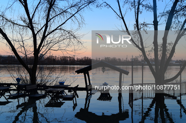 A restaurant is submerged in the Danube as a wave of floods is expected on the river, in Budapest, Hungary, on December 28, 2023.  