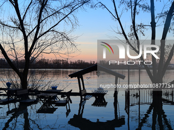 A restaurant is submerged in the Danube as a wave of floods is expected on the river, in Budapest, Hungary, on December 28, 2023.  (