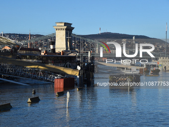 The embankment of the Danube is submerging as a wave of floods is expected on the river, in Budapest, Hungary, on December 28, 2023.  (