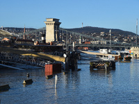 The embankment of the Danube is submerging as a wave of floods is expected on the river, in Budapest, Hungary, on December 28, 2023.  (