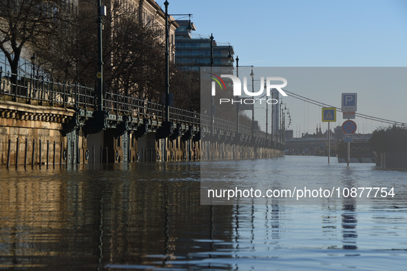 The embankment of the Danube is submerging as a wave of floods is expected on the river, in Budapest, Hungary, on December 28, 2023.  