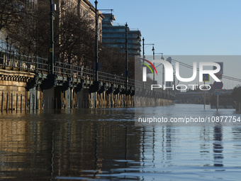 The embankment of the Danube is submerging as a wave of floods is expected on the river, in Budapest, Hungary, on December 28, 2023.  (