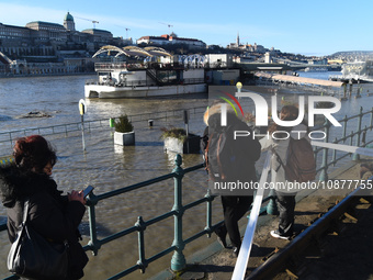 People are looking at the embankment of the Danube as a wave of floods is expected on the river, in Budapest, Hungary, on December 28, 2023....