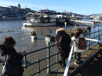 People are looking at the embankment of the Danube as a wave of floods is expected on the river, in Budapest, Hungary, on December 28, 2023....