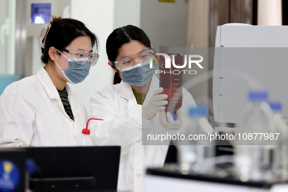 Researchers are researching and developing chemical products at a laboratory of a private chemical company in Xiwangzhuang town, Zaozhuang c...