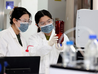 Researchers are researching and developing chemical products at a laboratory of a private chemical company in Xiwangzhuang town, Zaozhuang c...