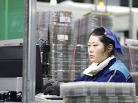 A worker is working on the production line of an electronic components company in Suqian, Jiangsu Province, China, on December 29, 2023. (