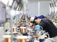 A worker is working on the production line of an electronic components company in Suqian, Jiangsu Province, China, on December 29, 2023. (