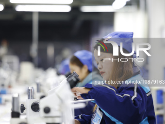 Workers are working on the production line of an electronic components company in Suqian, Jiangsu province, China, on December 29, 2023. (