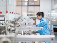 A worker is producing electronic products at a company in Xinghua, Jiangsu Province, China, on January 2, 2024. (