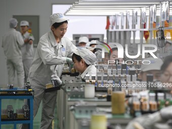 Workers are adjusting electrical equipment for railway signals in a workshop in Shenyang, Liaoning Province, China, on January 2, 2024. (