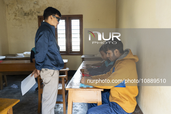 Visually impaired students are writing using the Braille system at Guwahati Blind High School in Guwahati, Assam, India, on January 4, 2024....