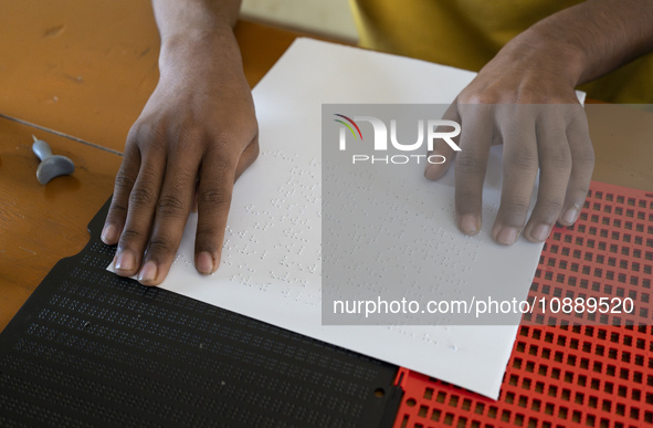 Visually impaired students are reading using the Braille system at Guwahati Blind High School in Guwahati, Assam, India, on January 4, 2024....