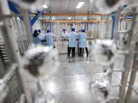 Workers are working in a production workshop of a bottle cap company in Tashan town, Ganyu district, Lianyungang city, Jiangsu province, Eas...