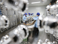 Workers are working in a production workshop of a bottle cap company in Tashan town, Ganyu district, Lianyungang city, Jiangsu province, Eas...