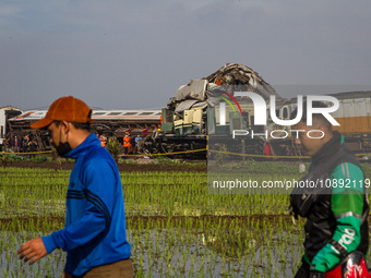 Two trains are colliding in Cicalengka, Bandung Regency, West Java, Indonesia, on January 5, 2024. Officials report that four people have be...