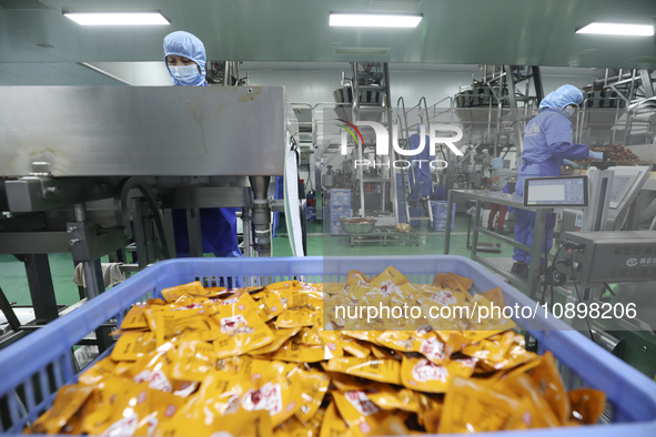 Workers are producing fish products at a workshop of a natural food company in Zixing, China, on January 4, 2024. 