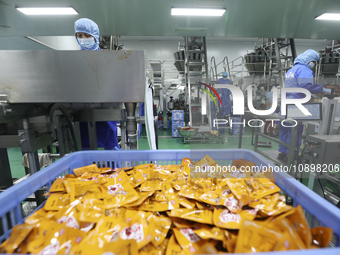 Workers are producing fish products at a workshop of a natural food company in Zixing, China, on January 4, 2024. (