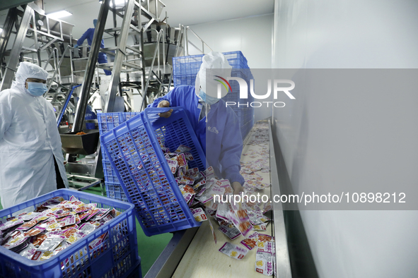 Workers are producing fish products at a workshop of a natural food company in Zixing, China, on January 4, 2024. 