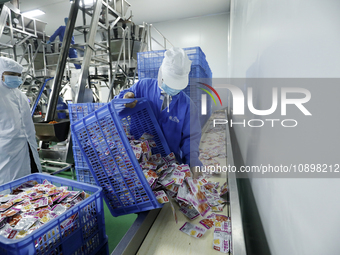 Workers are producing fish products at a workshop of a natural food company in Zixing, China, on January 4, 2024. (