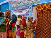 Devotees are queuing outside a free eye checkup camp at the Gangasagar transit camp in Kolkata, India, on January 11, 2024. (