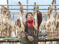 A worker is drying ducks in Huai'an, China, on January 14, 2024. (