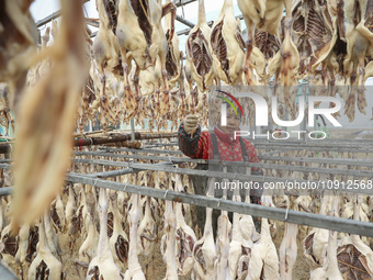 A worker is drying ducks in Huai'an, China, on January 14, 2024. (