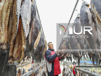 A worker is drying cured fish in Huai'an, China, on January 14, 2024. (