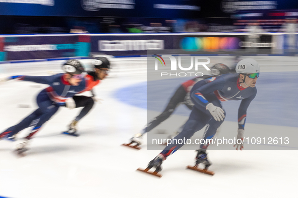 Westley Yates (R) is competing in the men's 5000m relay event on the third day of the European Short Track Championships in Gdansk, Poland,...