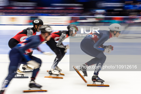 Wesley Yates (R) is competing in the men's 5000m relay event on the third day of the European Short Track Championships in Gdansk, Poland, o...