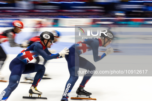 Peter Riches and Theo Collins are competing in the 5000m relay men's event on the third day of the European Short Track Championships in Gda...