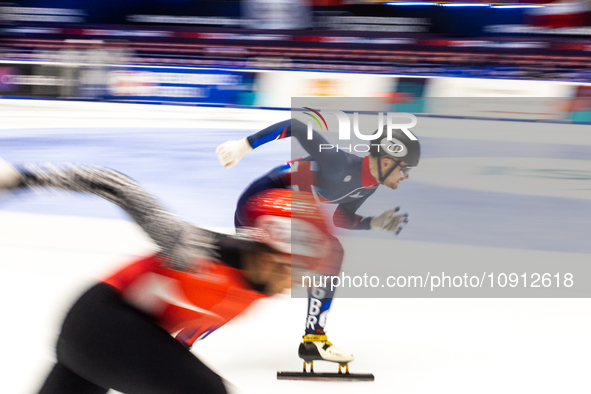 Peter Riches is competing in the 5000m relay men's event on the third day of the European Short Track Championships in Gdansk, Poland, on Ja...