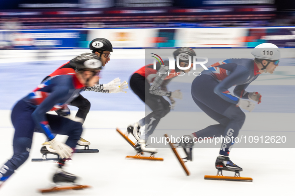 Wesley Yates (R) is competing in the men's 5000m relay event on the third day of the European Short Track Championships in Gdansk, Poland, o...